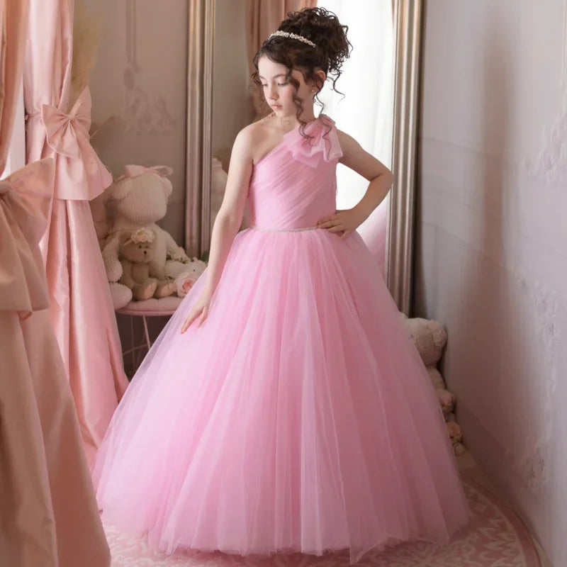Pink Tulle With Belt Single Shoulder For Wedding Birthday Party Prom Banquet Princess Gowns Customized Flower Girl Dresses