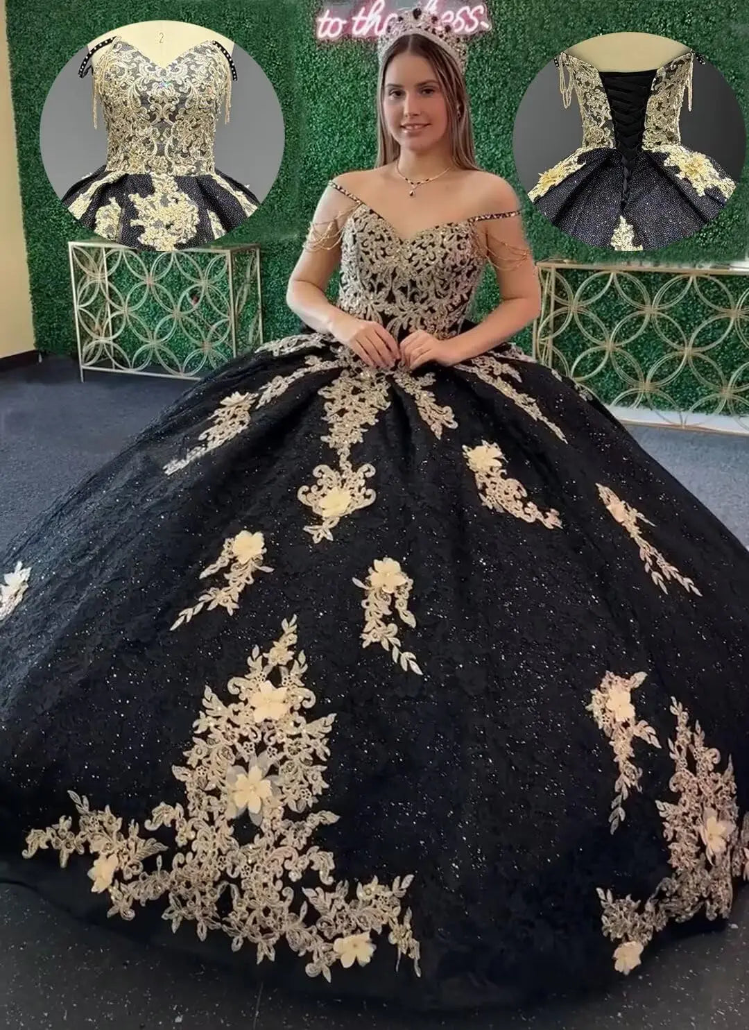 Gold Appliques Quinceanera Dresses with Train Spaghetti Strap Lace Sweet 16 Dresses Layered Ruffles Beaded Ball Gown