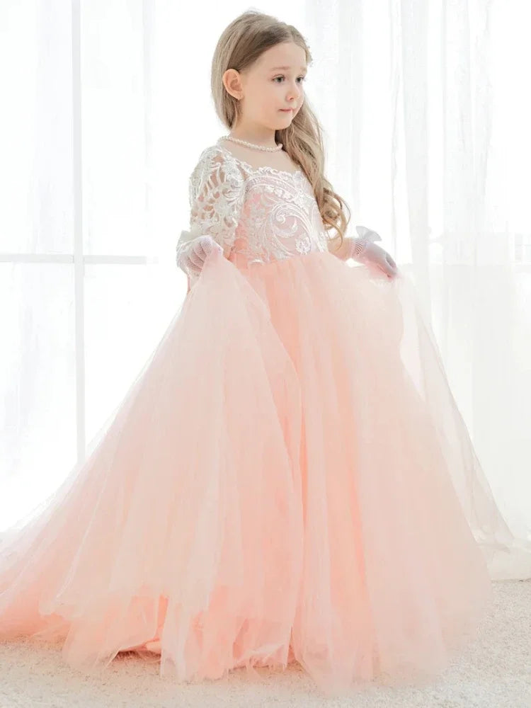 Vestidos de primera comunión para fiesta de cumpleaños, vestidos de niña de las flores de tul rosa, apliques blancos con cola y lazo, manga larga para boda 