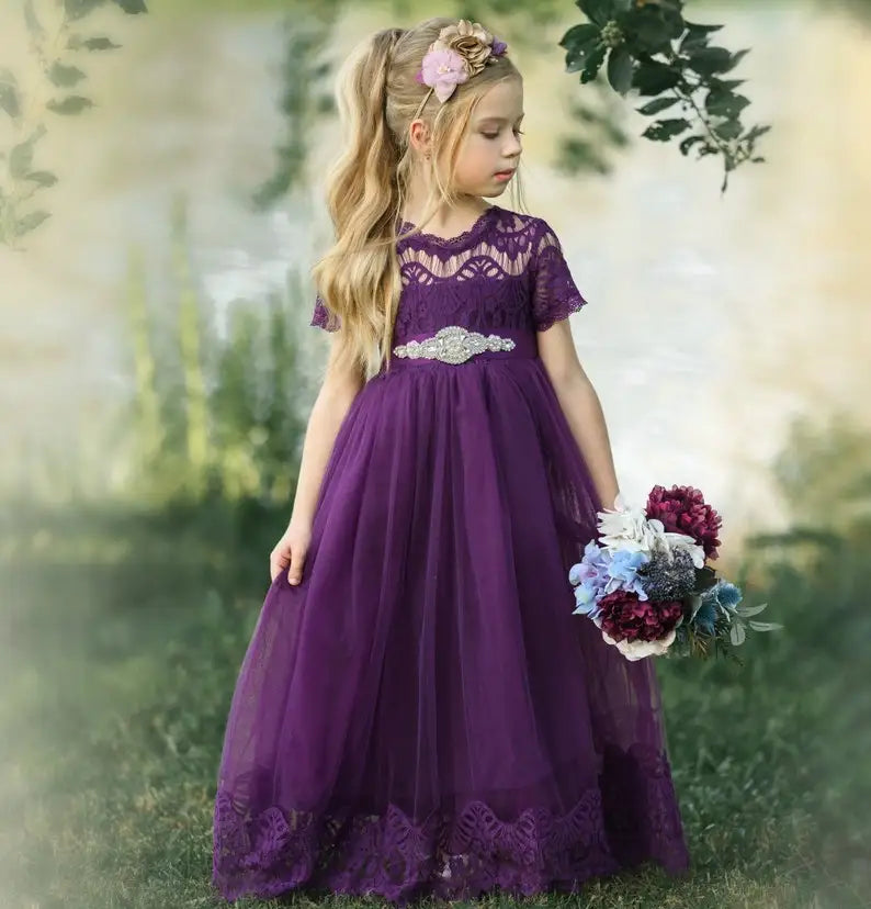 Vestido de niña de flores de encaje color marfil rústico Vestido de primera comunión Vestidos de niña Vestidos de fiesta de boda bohemios con mangas cortas 