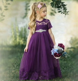 Vestido de niña de flores de encaje color marfil rústico Vestido de primera comunión Vestidos de niña Vestidos de fiesta de boda bohemios con mangas cortas 