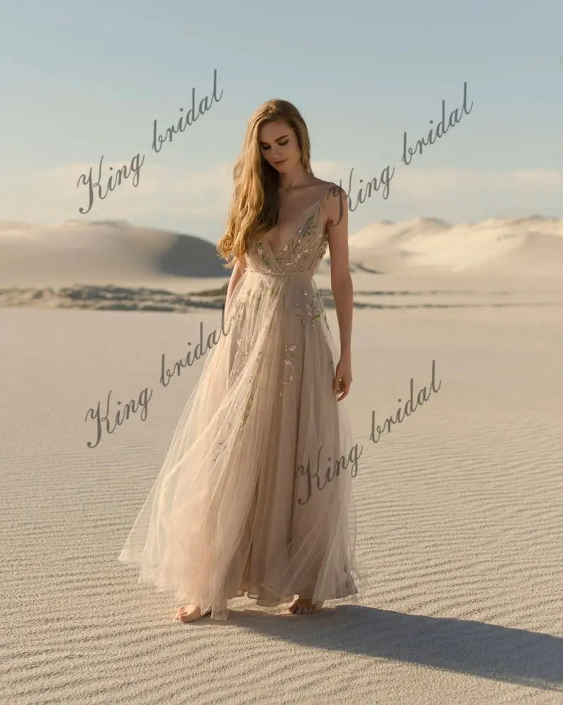 Slit bridal gown Tulle Open back party wedding dress hand embroidered sleeveless A-line bridal gown evening prom dresses