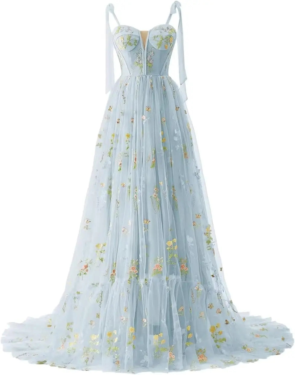 Women's Flower Embroidery Tulle Prom Dresses Corset Long Spaghetti Strap Fairy Ruched Formal Evening Party Gowns Bridesmaid Gown