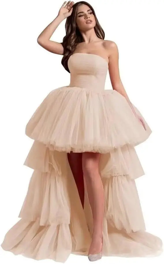 High Low Tüll Ballkleider Lange trägerlose gestufte Abendkleider A-Linie Abendkleid mit Schleppe Partykleider Damen Abend 