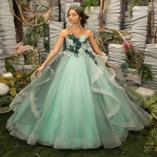 Prinzessin Geburtstag Pageant Erstkommunion Kleid Grün Elegante Blumenmädchenkleider Flauschige Hochzeit Party Applikationen Perlen Blumen 