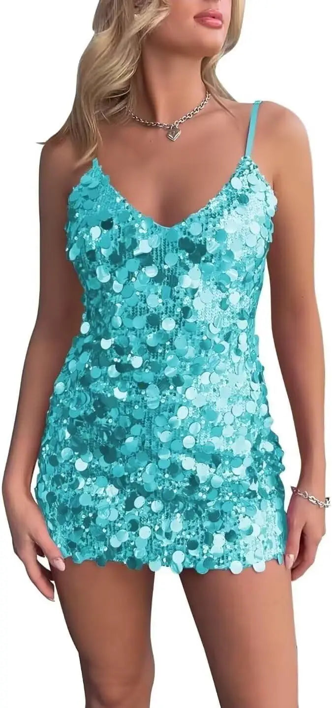 Sparkly Sequin Homecoming Dresses Short for Teens V Neck Spaghetti Straps Semi Formal Night Out Gown cocktail dresses