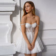White Off the Shoulder Sequin Wedding Dress Pearl Embellished Straps Sweetheart Neckline Glitter Tulle Bridal Dress Prom Dress