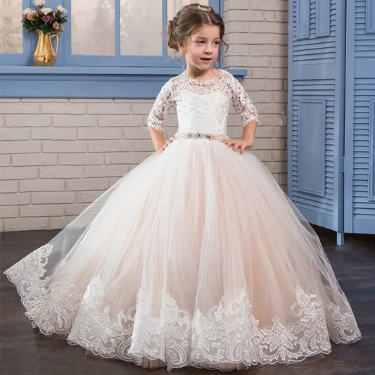 Apliques blancos de tul champán con cinturón de perlas de diamantes y media manga para bodas, cumpleaños, primera comunión, vestidos de niña de las flores 