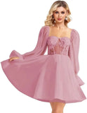 Langärmliges Tüll-Heimkehrkleid, kurzes Brautkleid, herzförmiger Ausschnitt, Spitzenapplikation, Ballkleider für Teenager, Cocktailkleid 
