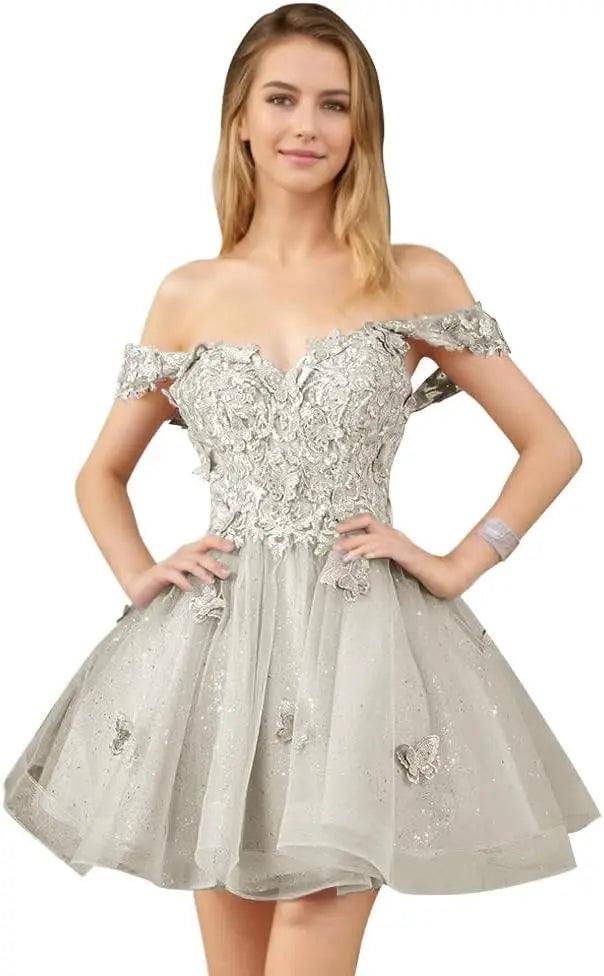 Glitter Tulle Appliques Homecoming Dresses for Teens Beaded Off Shoulder Short Prom Dresses Lace Cocktail Mini Dress Club Gowns