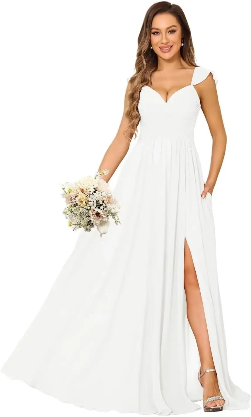 Women's Cap Sleeves Chiffon Bridesmaid Dresses Long with Pockets Ruffle Formal Evening Dresses with Slit Wedding Party Gowns