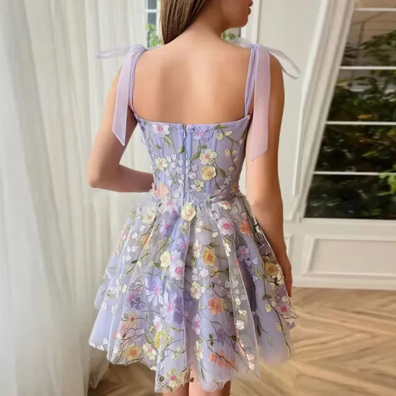Brand Designers Evening Prom Holiday Dress For Women Formal Occasions 3D Flower Embroidery Straps Bow Sexy Tulle Sling Vestidos