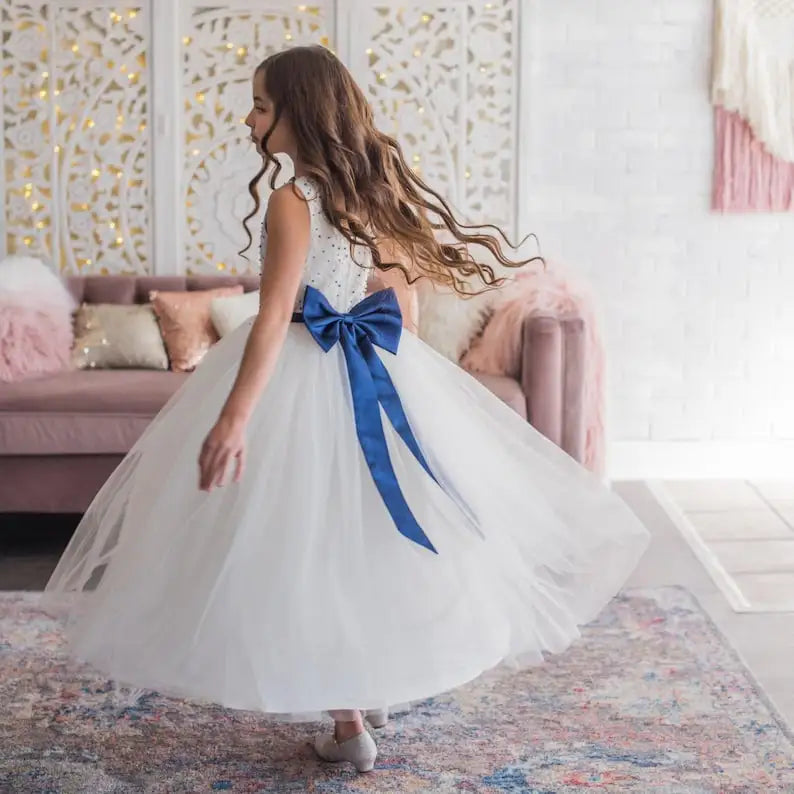 Weißes, marineblaues Blumenmädchenkleid, Geburtstagskleid, marineblaue Perlen, Tüllkleider, knöchellang, für Hochzeiten, Prinzessinnenkleider für Kleinkinder 