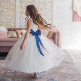 Weißes, marineblaues Blumenmädchenkleid, Geburtstagskleid, marineblaue Perlen, Tüllkleider, knöchellang, für Hochzeiten, Prinzessinnenkleider für Kleinkinder 