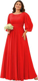 Chiffon Long Sleeves Bridesmaid Dresses Scoop Neck Pleated A Line Long Formal Dresses for Women Plus Size wedding guest dress
