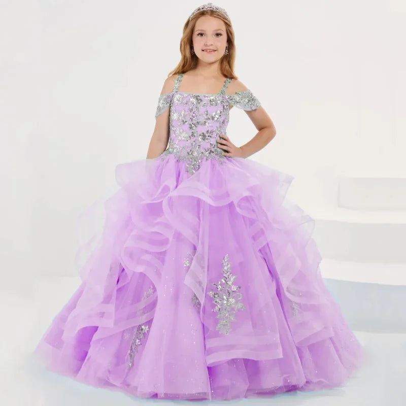 Vestidos de princesa sin mangas para bodas, fiestas de cumpleaños, banquetes, vestidos de niña de las flores, tul azul cielo, apliques florales plateados escalonados 