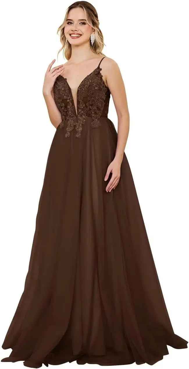 Vestidos de fiesta de tul con escote en V profundo para mujer, tirantes finos, apliques de encaje, vestidos de noche largos de corte A 