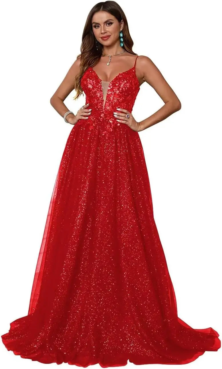 Glitzerndes Tüll-Ballkleid für Damen, Spaghettiträger, tiefer V-Ausschnitt, Spitzenapplikationen, Ballkleid, langes A-Linien-Abendkleid 