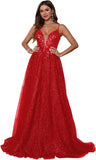 Glitzerndes Tüll-Ballkleid für Damen, Spaghettiträger, tiefer V-Ausschnitt, Spitzenapplikationen, Ballkleid, langes A-Linien-Abendkleid 