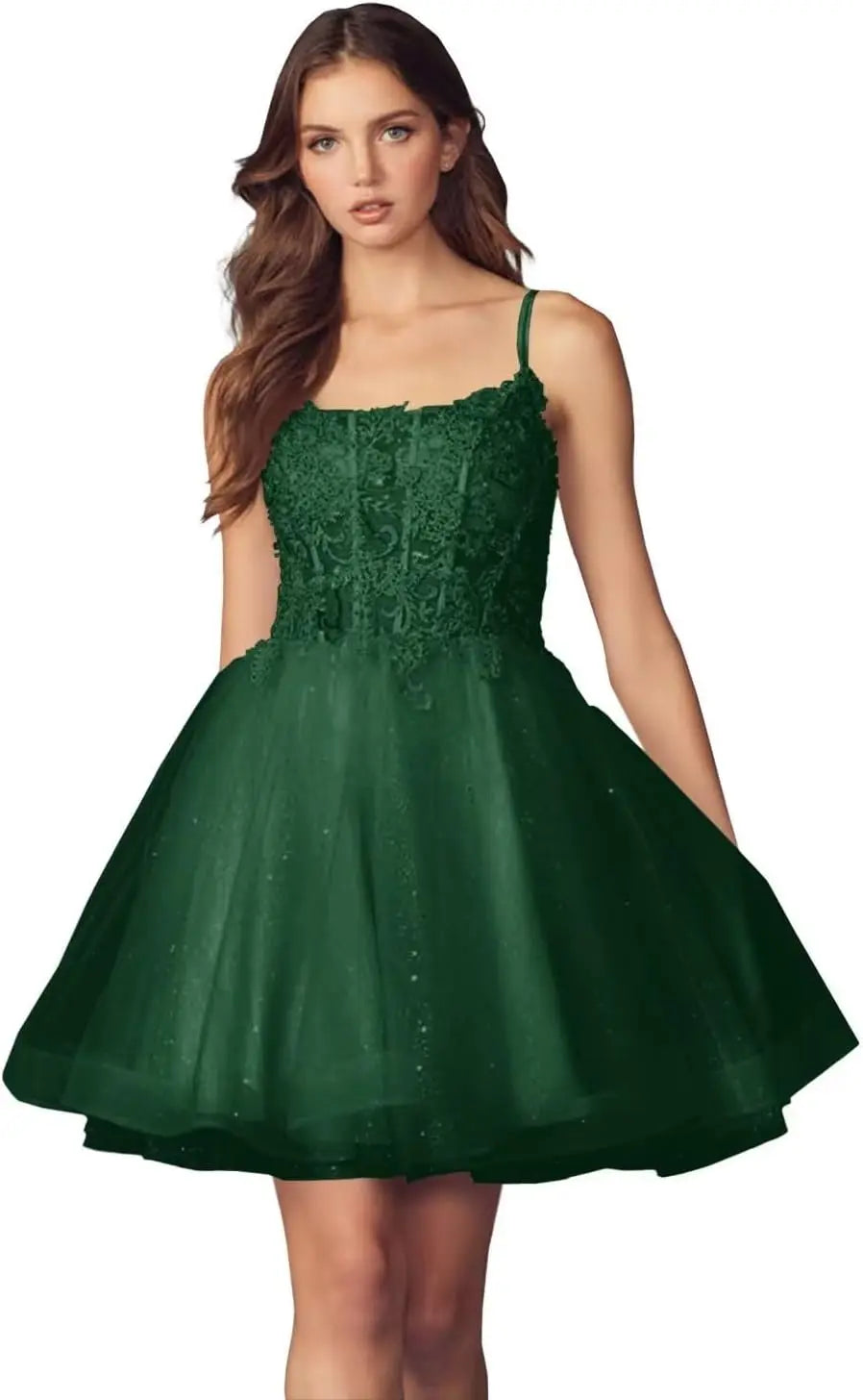 Kurzes Homecoming-Kleid mit Spitzenapplikationen aus Tüll für Teenager mit Spaghettiträgern, Cocktail-, Abschlussball- und Partykleider 