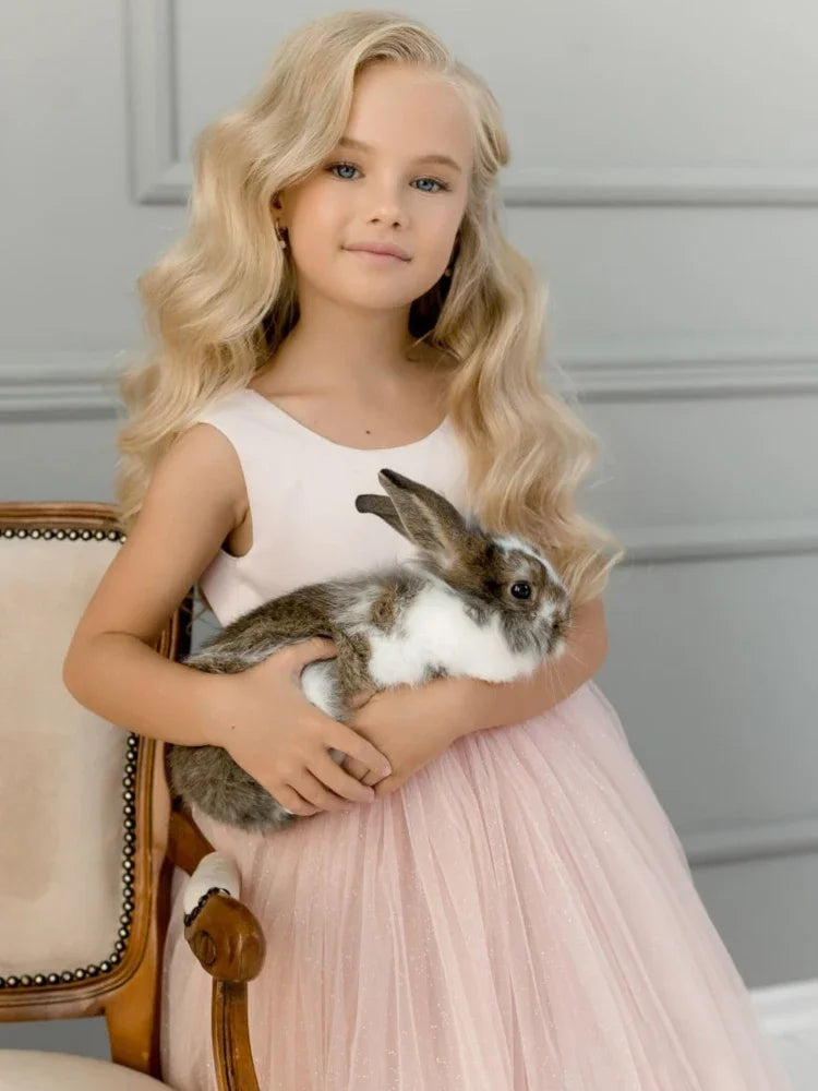 Vestido de tul de satén rosa con lazo sin mangas para boda, fiesta de cumpleaños, primera comunión, fiesta de niñas, vestidos de niña de las flores 
