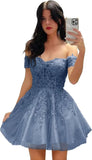 Hübsches kurzes Heimkehrkleid mit Spitzenapplikation für Teenager, glitzernder Tüll, schulterfrei, formelles Abschlussball-Cocktailkleid, Clubkleid 