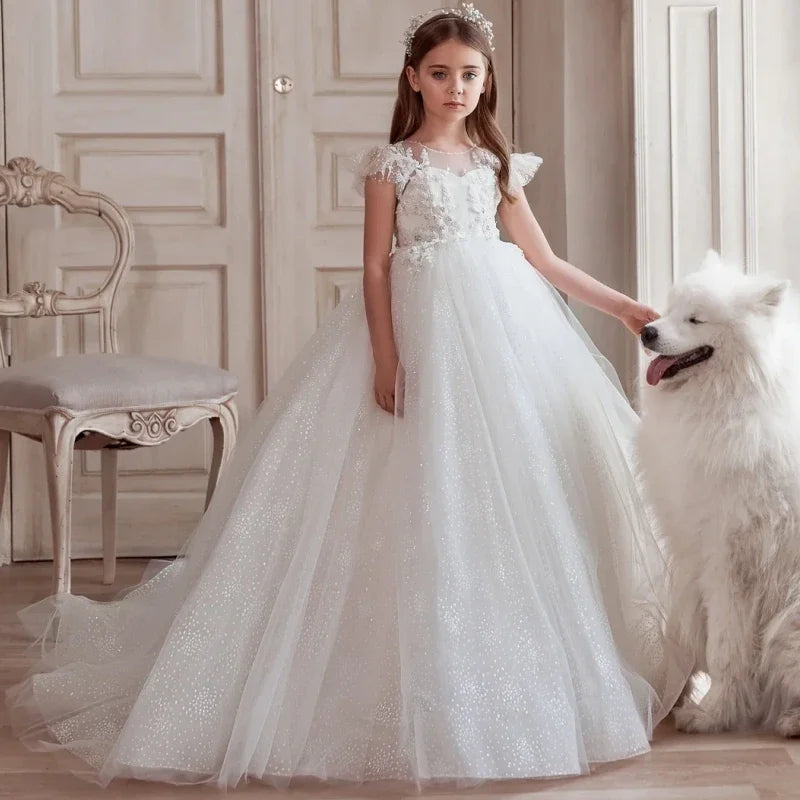 Vestidos de fiesta de cumpleaños para banquetes, vestidos de niña de las flores con apliques de tul blanco y estampado floral con mangas cortas para bodas. 