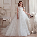 Vestidos de fiesta de cumpleaños para banquetes, vestidos de niña de las flores con apliques de tul blanco y estampado floral con mangas cortas para bodas. 