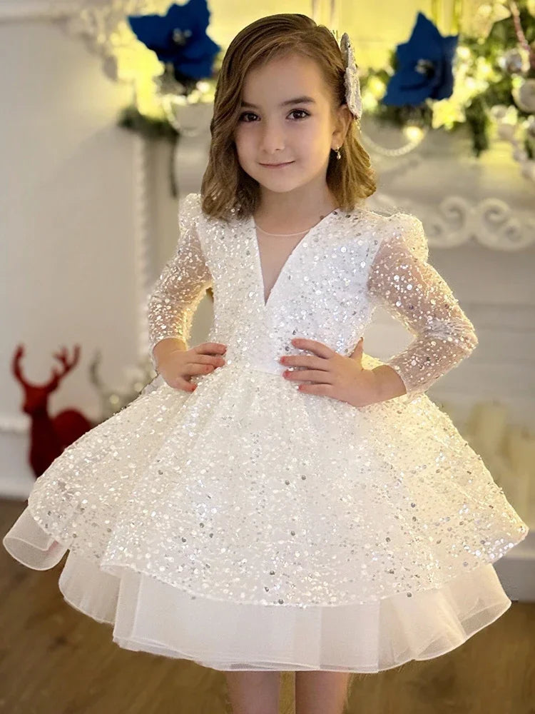 Vestidos de princesa de tul blanco con lentejuelas escalonadas y mangas largas para bodas, fiestas de cumpleaños, banquetes, vestidos de niña de las flores personalizados 