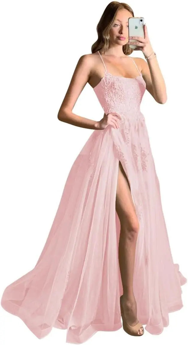 Vestidos de fiesta largos de encaje cruzado con tirantes finos y abertura para mujer 2026. 