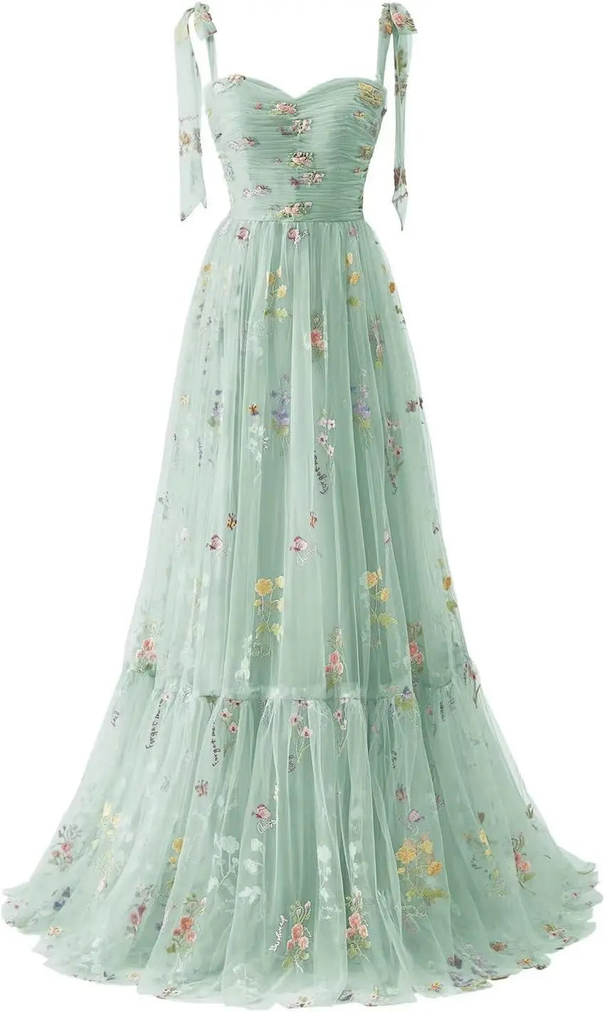 Women's Flower Embroidery Tulle Prom Dresses Corset Long Spaghetti Strap Fairy Ruched Formal Evening Party Gown Bridesmaid Dress