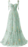 Women's Flower Embroidery Tulle Prom Dresses Corset Long Spaghetti Strap Fairy Ruched Formal Evening Party Gown Bridesmaid Dress