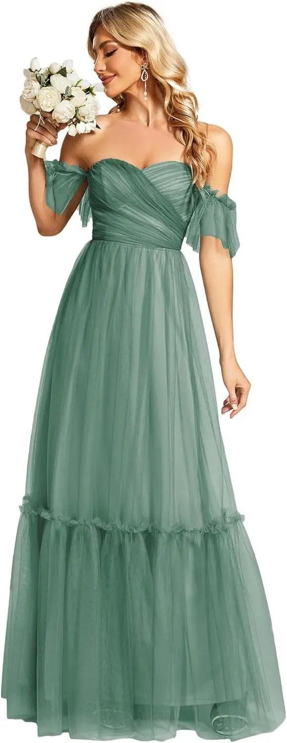 Women's Formal Dress Sweetheart Off-Shoulder Ruched Tulle Maxi Bridesmaid Dresses elegant dress women for wedding party
