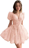 3D Butterfly Tulle Homecoming Dresses for Teens A-Line Short Sleeve Prom Cocktail Dress with Butterfly Appliques
