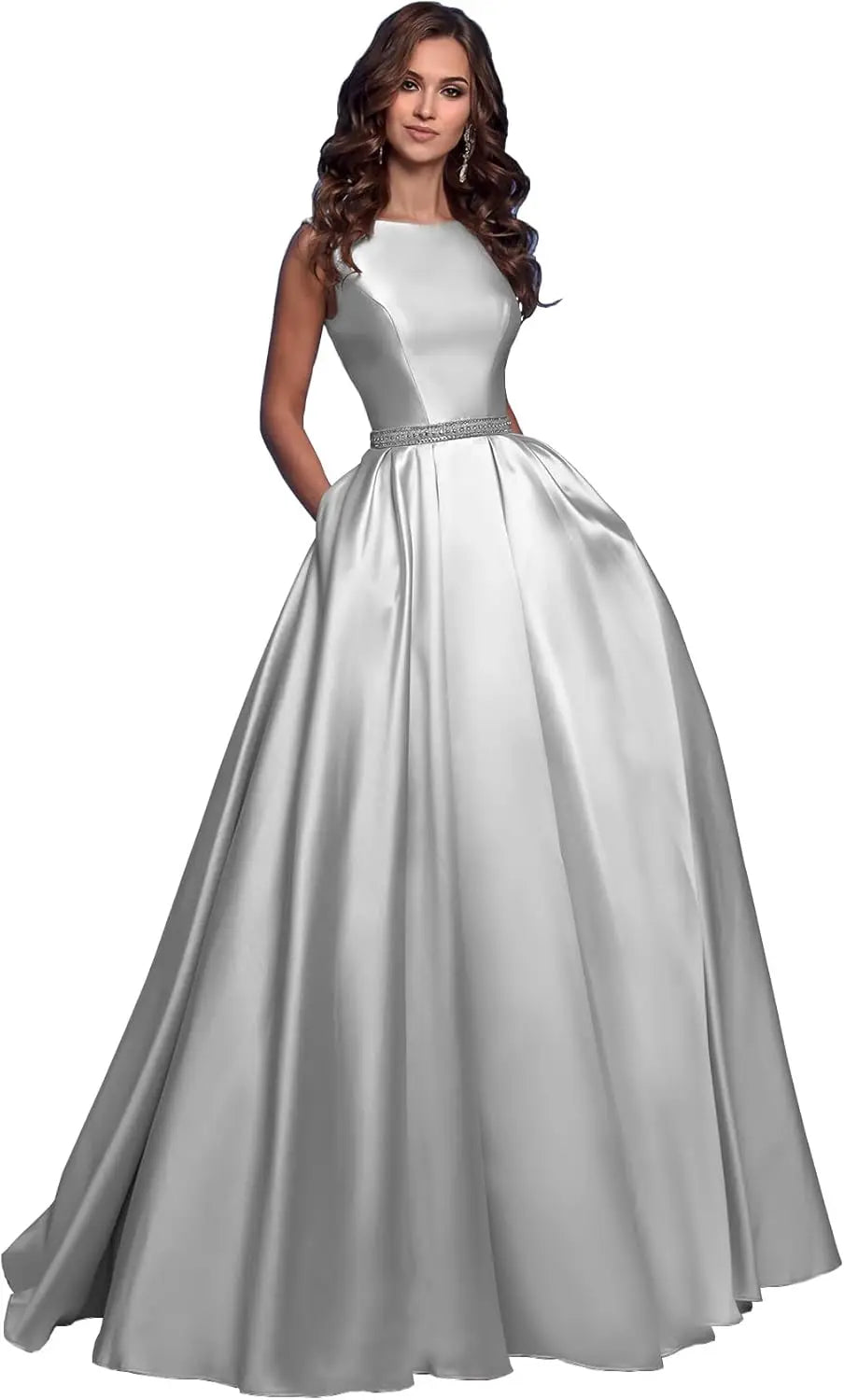Damen A-Linie Satin Ballkleid Langes Ballkleid Gerafftes Perlenbesetztes Abendkleid Formales Partykleid mit Taschen 