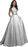 Damen A-Linie Satin Ballkleid Langes Ballkleid Gerafftes Perlenbesetztes Abendkleid Formales Partykleid mit Taschen 