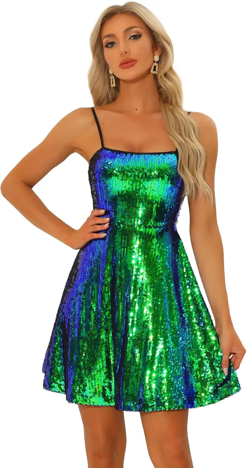 Vestido corto de fiesta con lentejuelas brillantes para mujer, sexy, con tirantes finos, sin mangas, para discoteca, graduación y baile de graduación. 