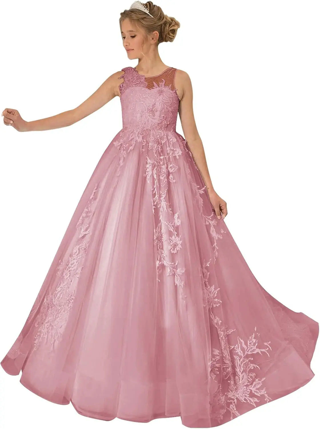 Princess Dress Tulle Lace Flower Girl Dress for Wedding Applique Princess Pageant Dress Long Party Ball Gown with Cape Sleeves