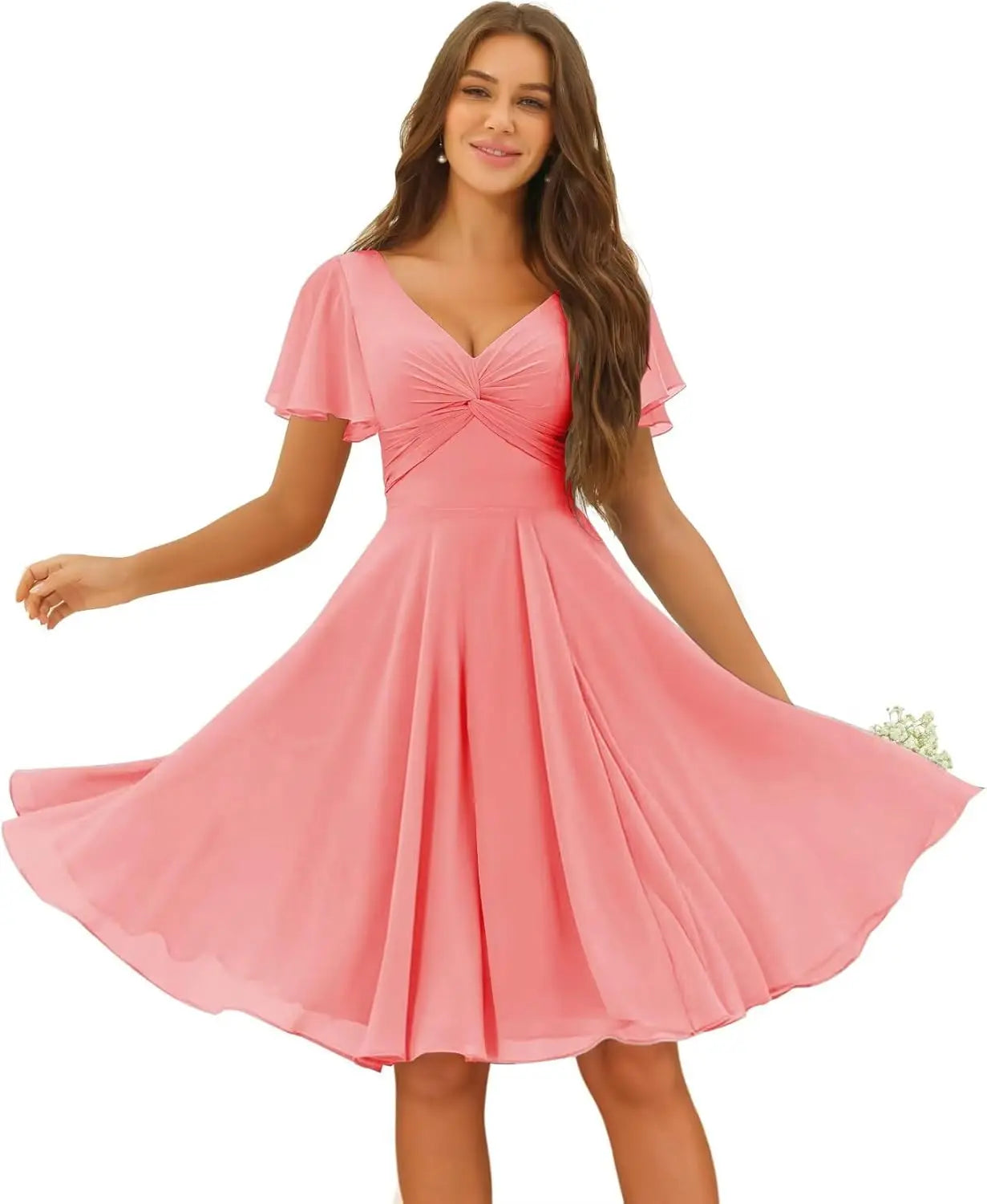 Women's Pleated Chiffon Flutter Sleeves Junior Bridesmaid Dresses with Pockets V Neck Short Formal Dress Wedding Party Gowns