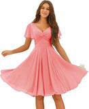Women's Pleated Chiffon Flutter Sleeves Junior Bridesmaid Dresses with Pockets V Neck Short Formal Dress Wedding Party Gowns