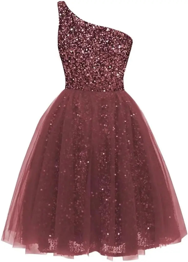 One Shoulder Sequin Homecoming Dresses Short Tulle Prom Dresses for Women A Line Princess Formal Cocktail Gown Gowns