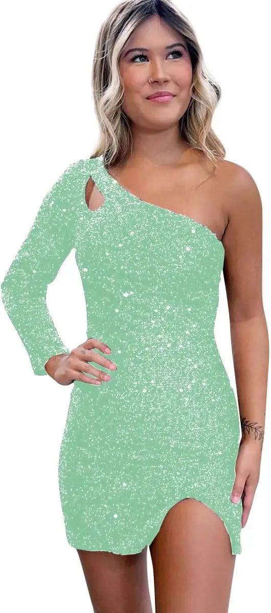 Women's One Shoulder Sequin Homecoming Dress Short Sparkly Long Sleeve Prom Party Gowns for Teens cocktail dresses