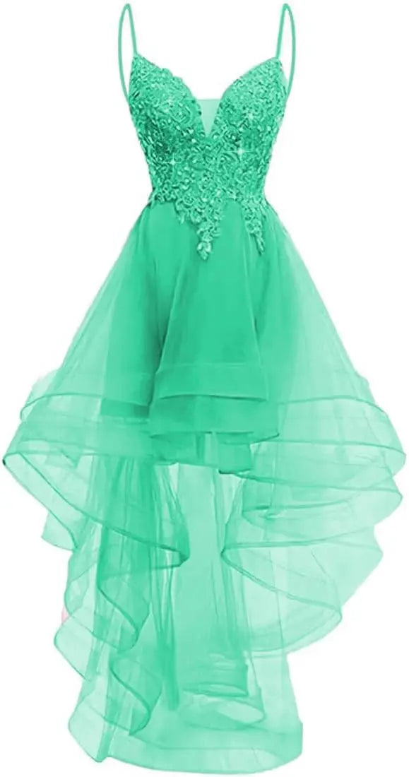 Lace Applique Homecoming Dresses 2025 High Low Spaghetti Straps Tulle Short Prom Dress for Teens Glitter Quinceanera Dress Gowns