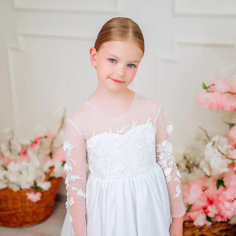 White Satin Appliques With Bow Long Sleeve For Wedding Birthday Party Banquet Princess Gowns Flower Girl Dresses Princess Dress