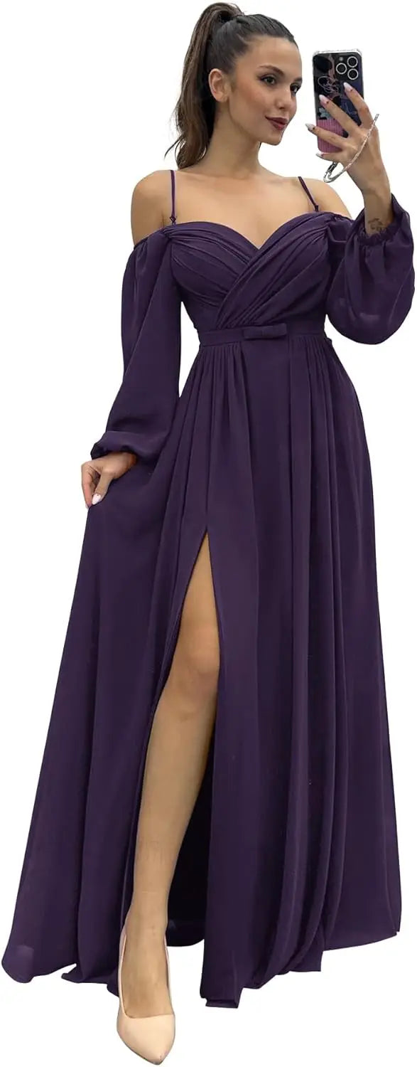 Vestido de dama de honor de manga larga para mujer, con tirantes finos, para invitada de boda, con abertura y bolsillos, vestido formal fruncido. 