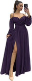 Vestido de dama de honor de manga larga para mujer, con tirantes finos, para invitada de boda, con abertura y bolsillos, vestido formal fruncido. 