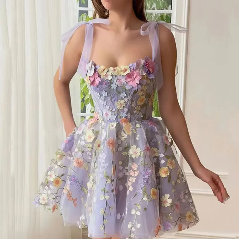 Brand Designers Evening Prom Holiday Dress For Women Formal Occasions 3D Flower Embroidery Straps Bow Sexy Tulle Sling Vestidos