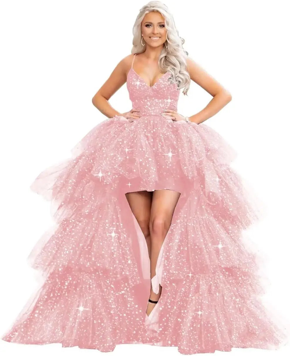 High Low Pailletten Tüll Ballkleider Mehrlagiges Romantisches Ballkleid für Damen Funkelndes Abendkleid Abendkleider 