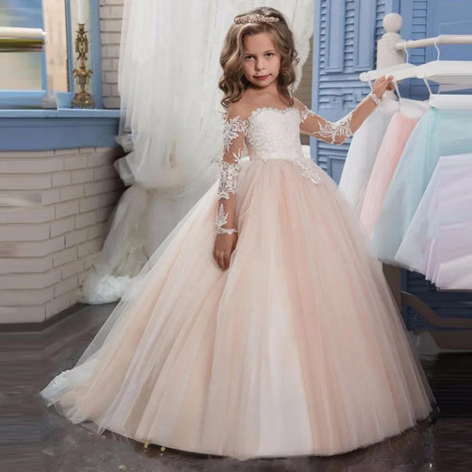 Vestido de tul rosa claro con apliques blancos y manga larga para boda, fiesta de cumpleaños, comunión, personalizado, para niña de las flores 