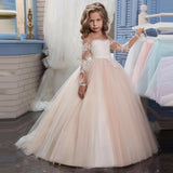 Vestido de tul rosa claro con apliques blancos y manga larga para boda, fiesta de cumpleaños, comunión, personalizado, para niña de las flores 